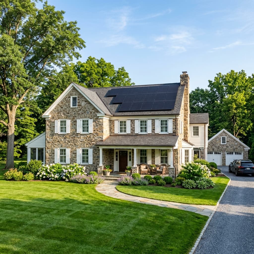 Stone-accented Pennsylvania home featuring clean black solar panel array on roof
