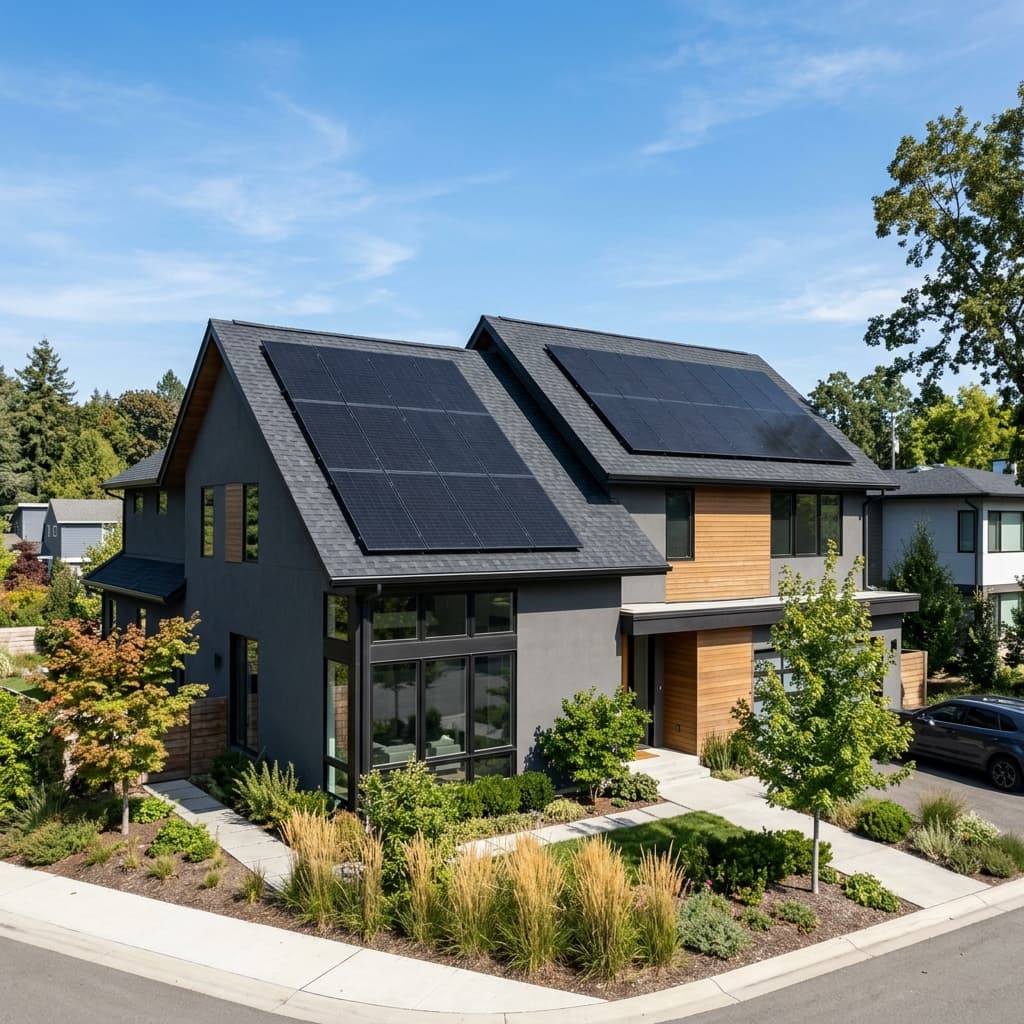 High-efficiency black-on-black solar panel arrays installed on a clean architectural shingle roof