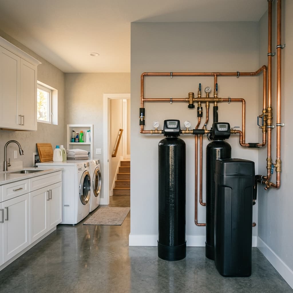 Glass of clear water beside premium whole-house residential water softening and carbon filtration tanks